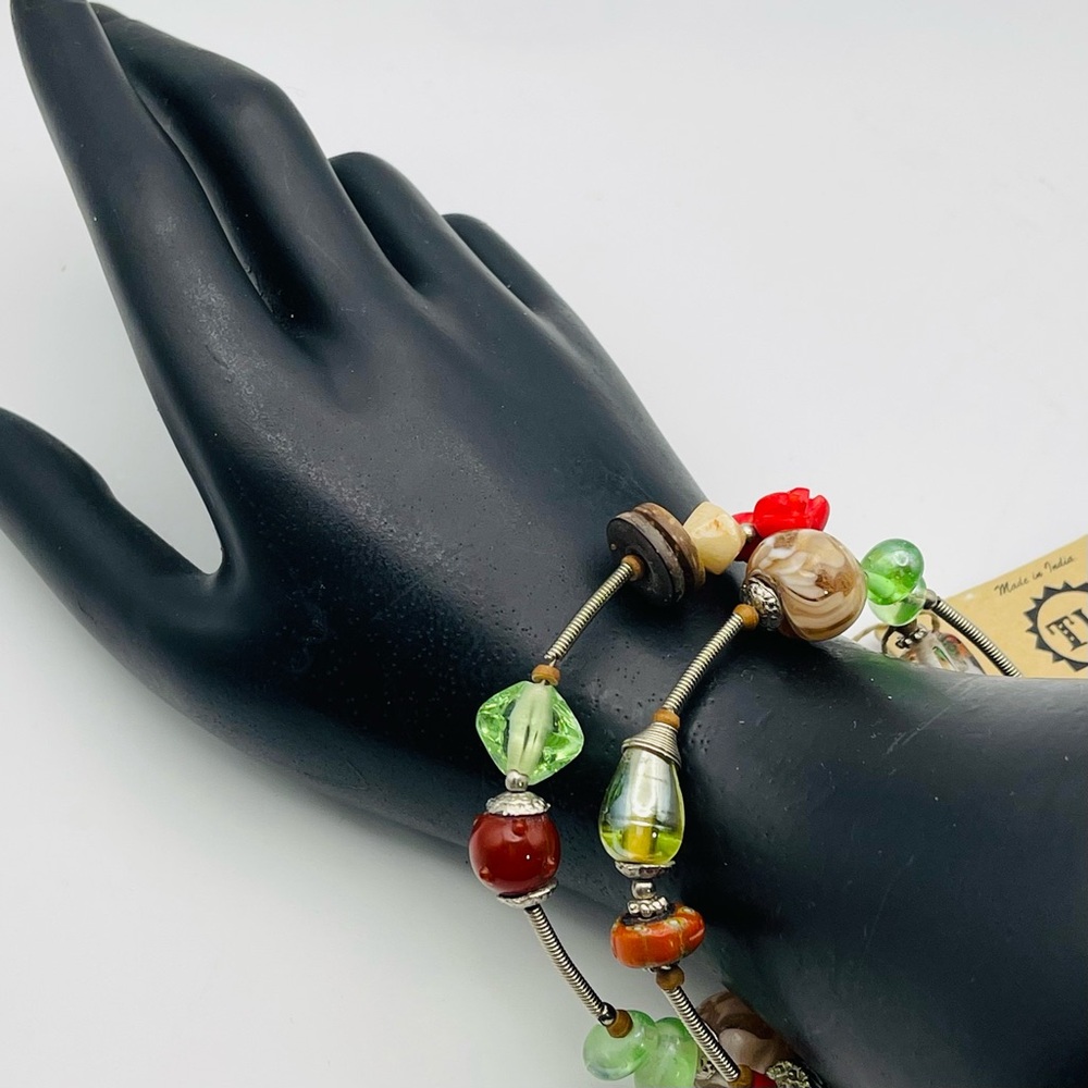 NWT Memory Coil Wrap Bracelet With Various Glass Beads Handcrafted In India